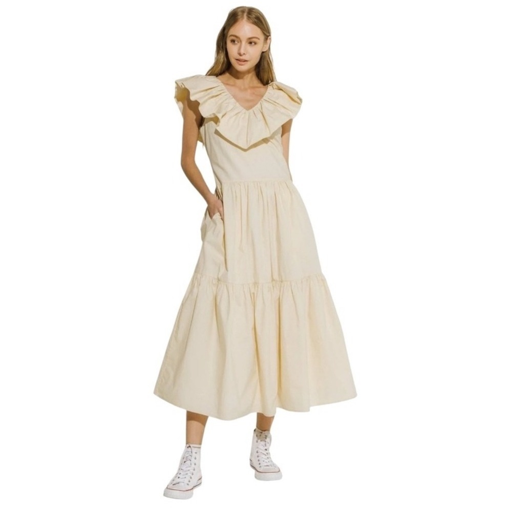English Factory Ivory Ruffle Collar Tiered Midi Dress Pockets Side Zip NWT Small